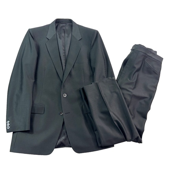 vtg 80s De Rossi 42R 34x30 2pc Pant Suit Black Polyester Knit Retro USA Pleated